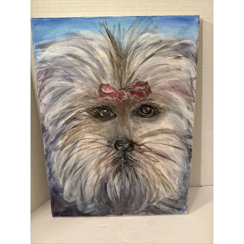 One Of A Kind-Original Yorkie Terrier Dog Painting-ART-Colorful-Pink Bow-Canvas